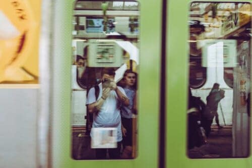 photographer reflected on Japanese train door