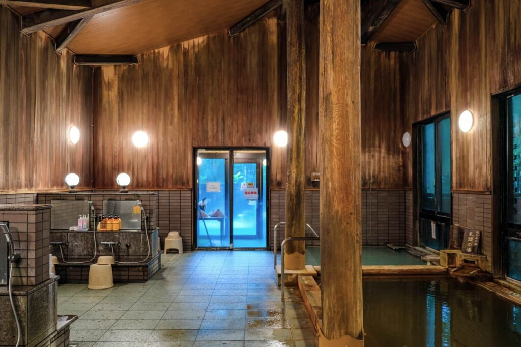 wooden interior of onsen in Japan