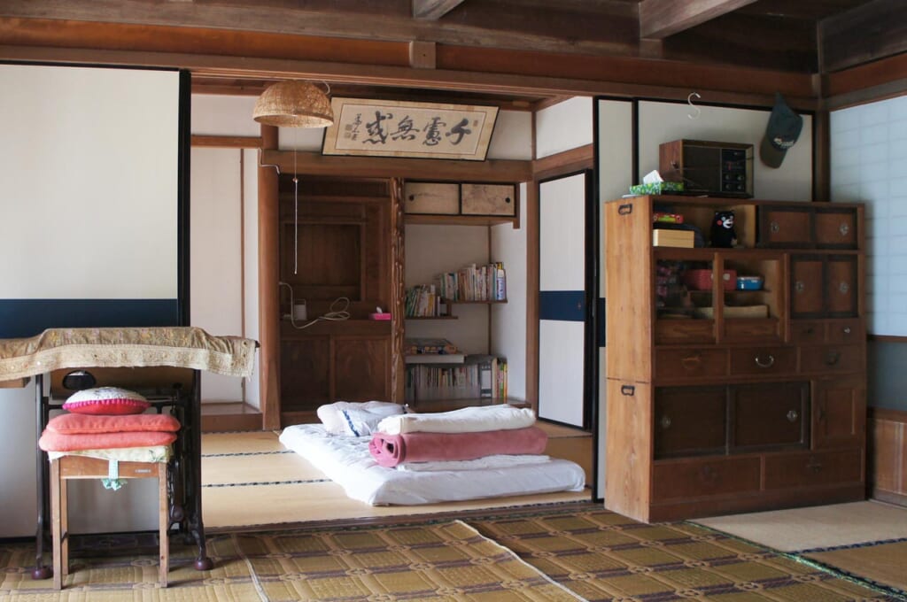 Traditional Japanese room washitsu in a kominka hosting farmstay in Kunisaki, Oita