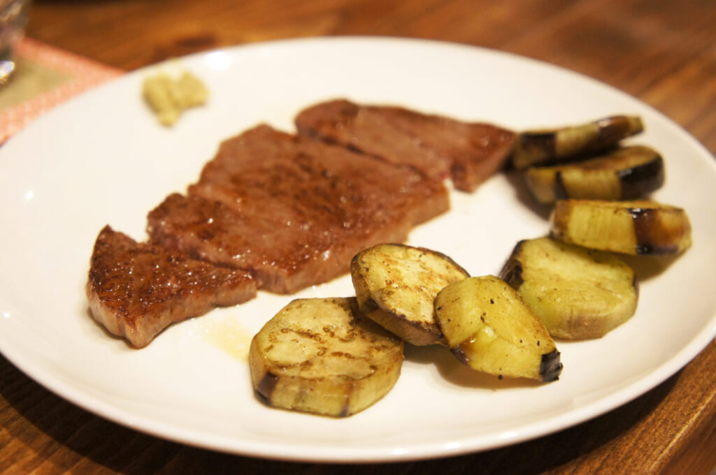 Home cooked japanese wagyu beef and zucchini on a plate