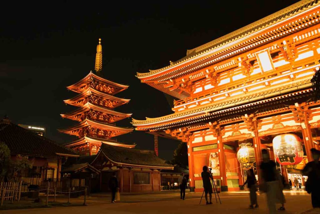 night time view of sensoji temple and five-story padoga in Tokyo, Japan