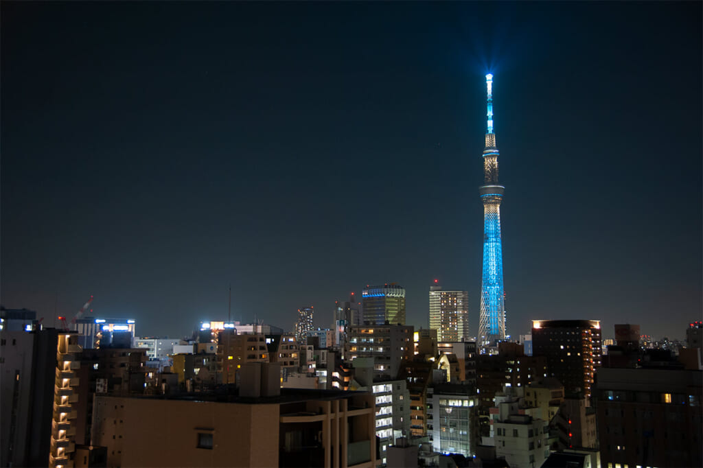 The view of the Tokyo Skytree at night from the terrace of the Henn na Hotel in Asakusa, Tokyo