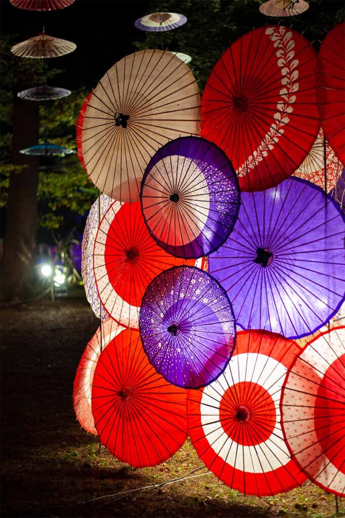 Some of the wagasa illuminated during the Tsukiakari Moonlight Flower Gallery in Kinugawa Park