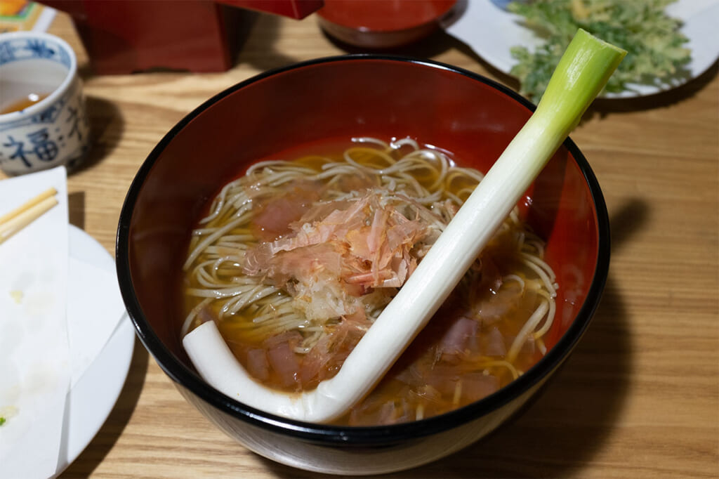 A bowl of negi soba in Ouchijuku
