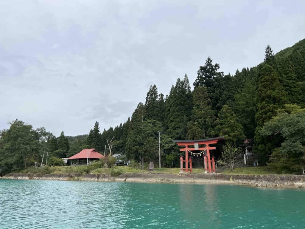 Gozanoishi Shrine's large Tori Gate as seen from the lake side 