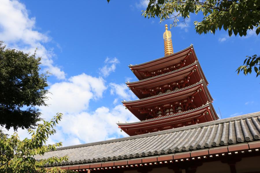 day time view of sensoji temple and five-story padoga in Tokyo, Japan