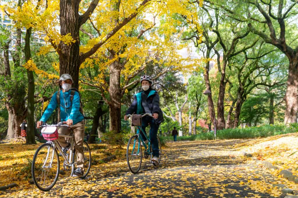 Two people cycling in a Tokyo park in autumn