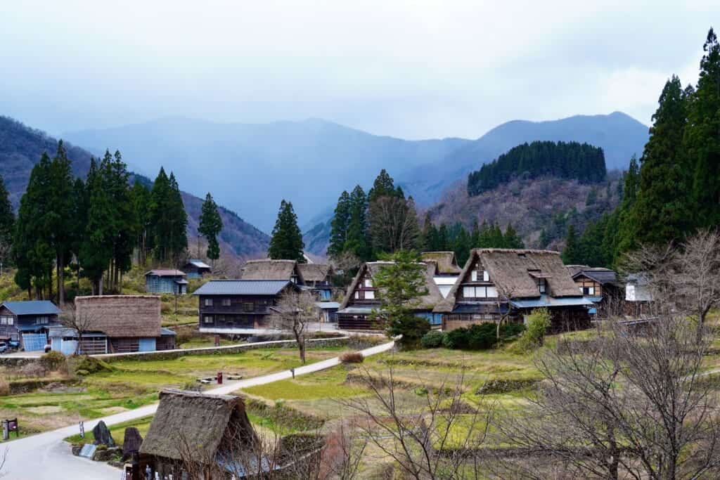 A view of Ainokura village in Gokayama from the viewpoint on the hill.