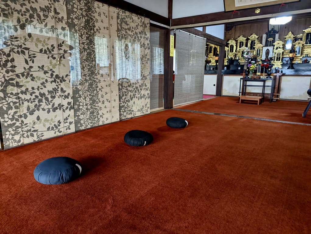 Three cushions ready for meditation at a Japanese temple