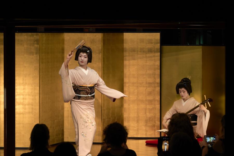 two geisha perform in private performance in japan