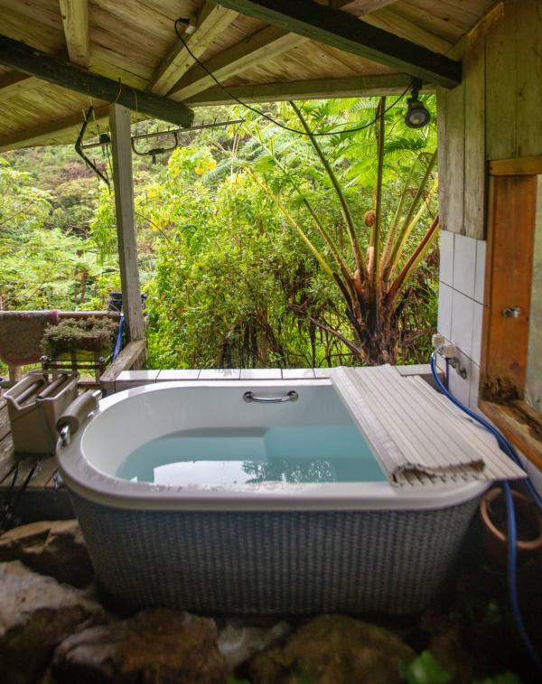 Open bath at Okinawan minshuku with tropical foliage from window.