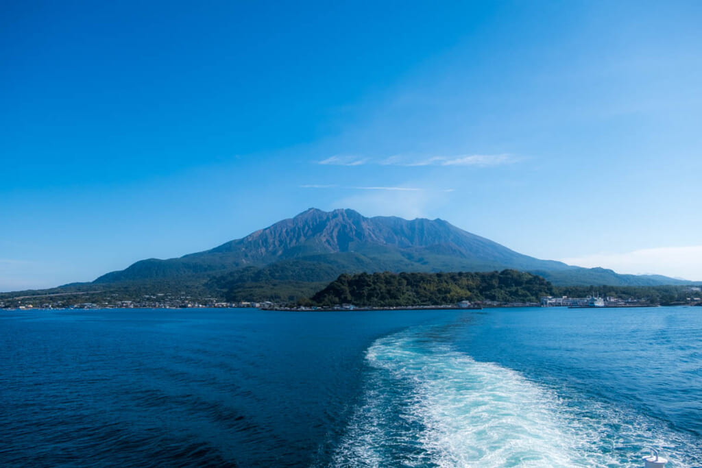 view of Sakurajima, Japan's famous volcano from ferry in Kagoshima