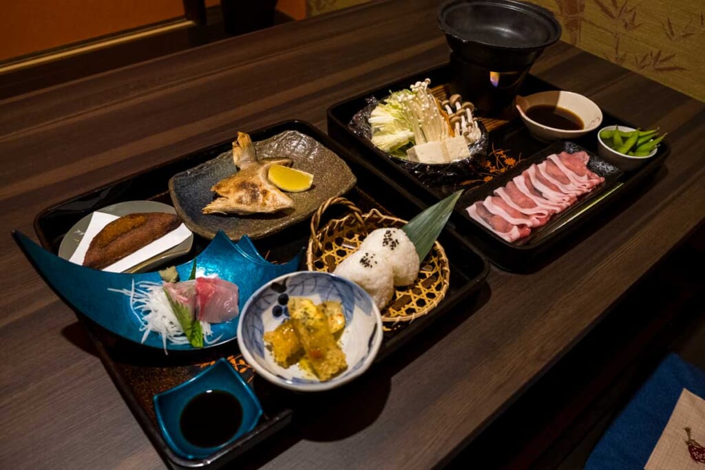 traditional Japanese meal with fish and beef in Kagoshima, Japan