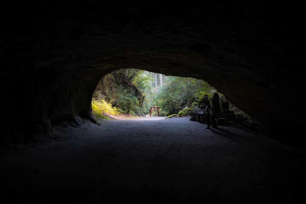 Mizonokuchi Cave mouth with Torii gate in the entrance in Kagoshima, Japan