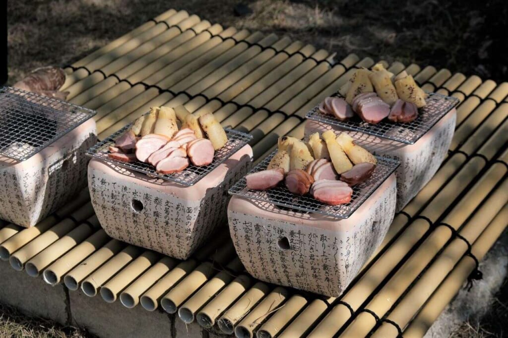 Duck and takenoko grilled over pine needles in Shimizu.