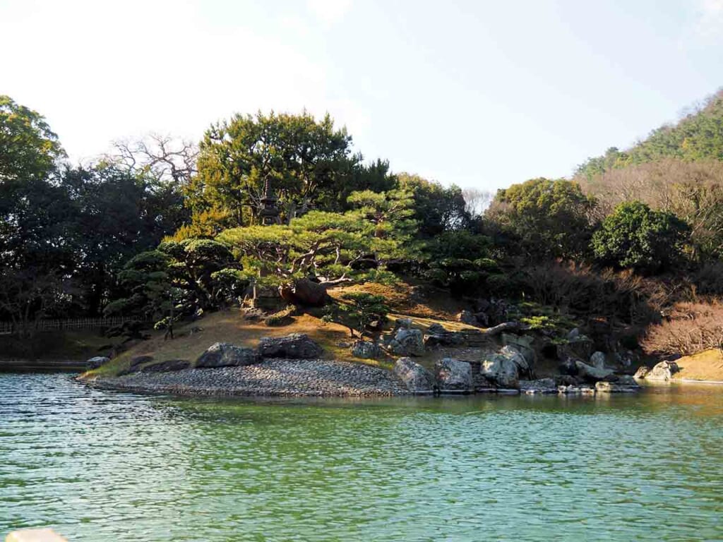 The pond and bonsai pines of Ritsurin Garden in Shikoku