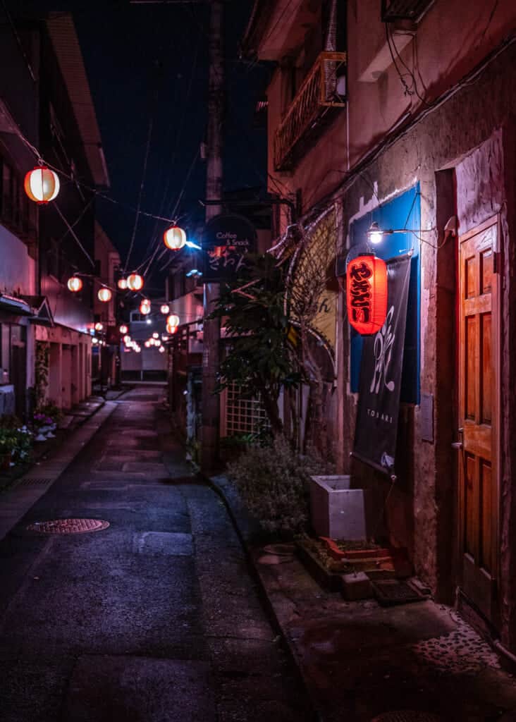 night time alleyway with lanterns in Fujiyoshida City, Japan