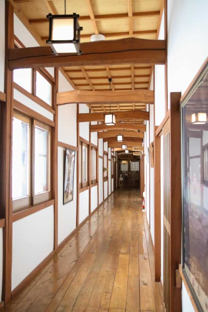 long wooden hallway inside the onsen resort in Semboku, Akita, Japan