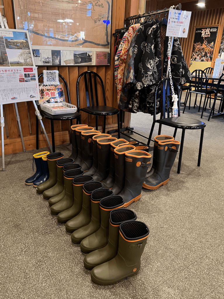 snow boots lined up for rental in Akita, Japan