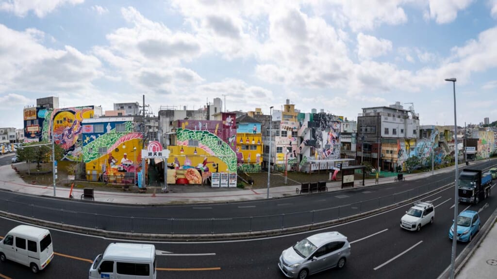 wide angle view of Ginten Street Arcade, a shopping and graffiti rich area in okinawa, Japan