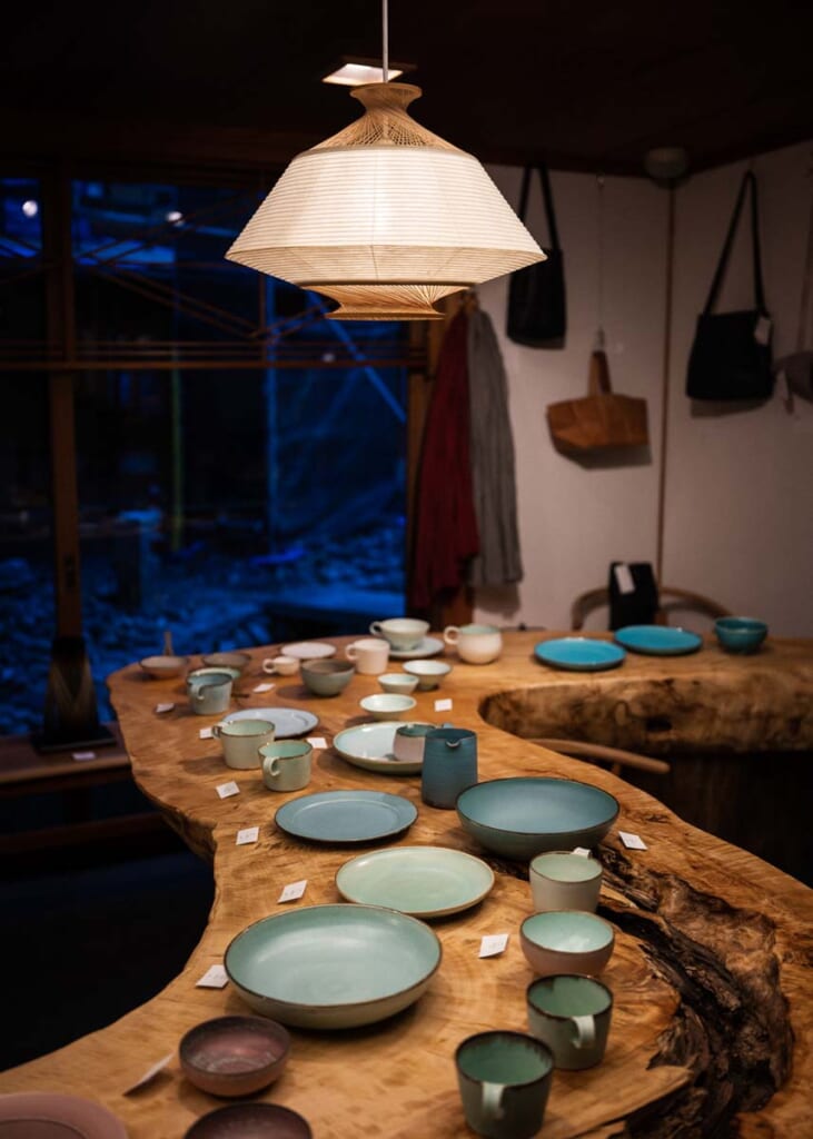 ceramics on table in a craft workshop in shizuoka,  Japan