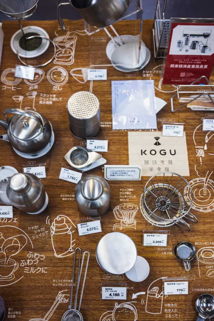 metal works for tea making, coffee, and other crafts in a Japanese shop
