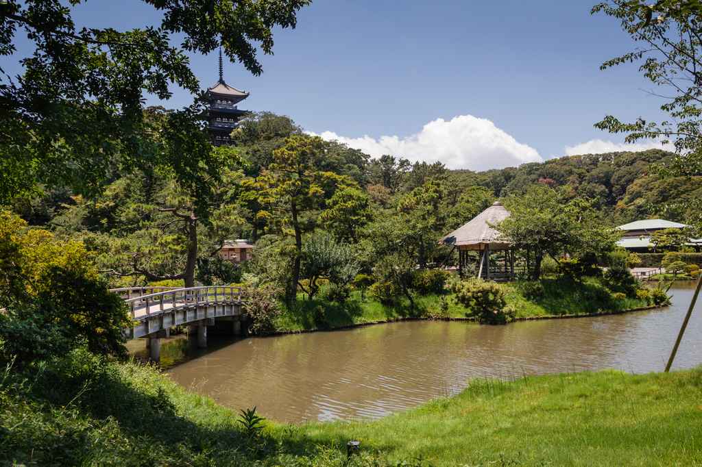 Sankeien pond, bridge and pagoda with green foliage in japan