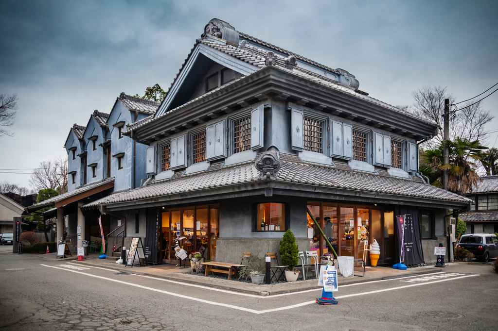 traditional japanese soy sauce brewery building with blue walls and old tile roof