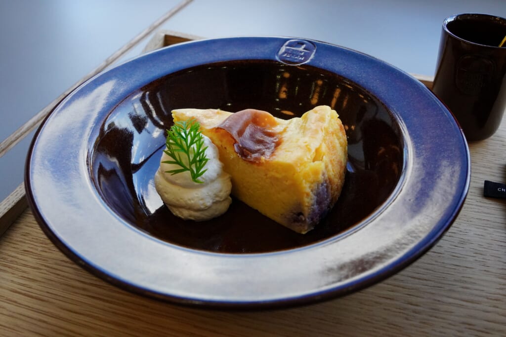 Sweet potato cheesecake served on Chin Jukan pottery in Kagoshima