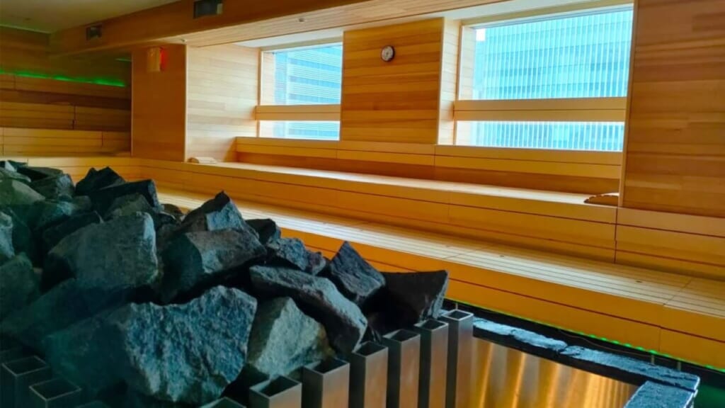 The inside of a wood-paneled sauna at Sky Spa in Yokohama City.