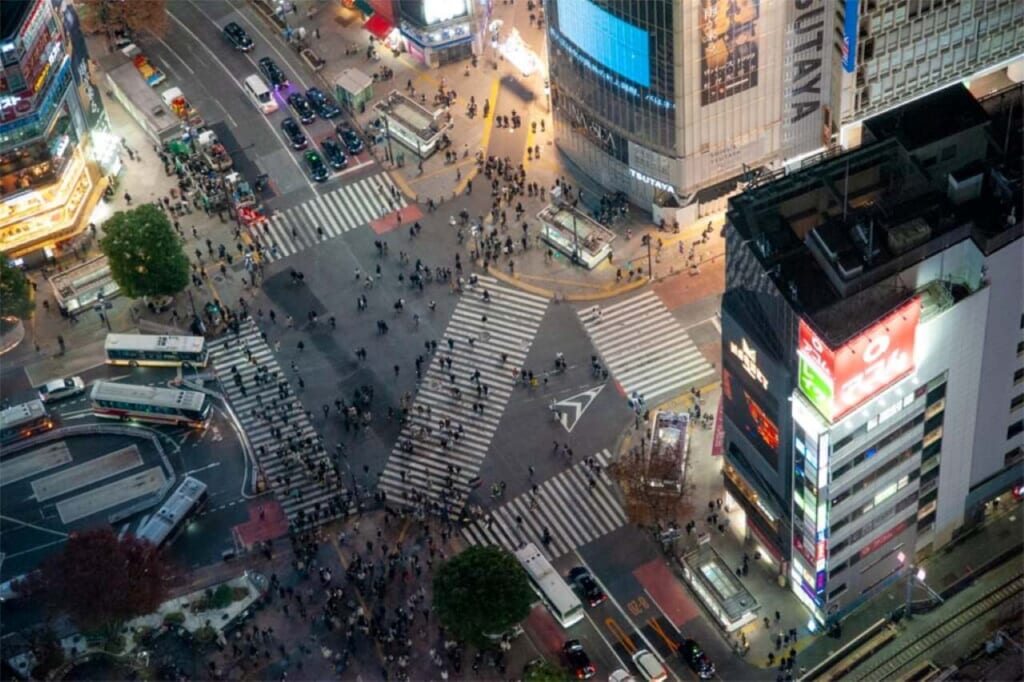Shibuya scramble crossing seen from the Shibuya Sky observation deck