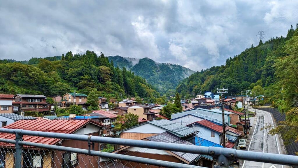 View of houses and mountains in Gifu, Japan