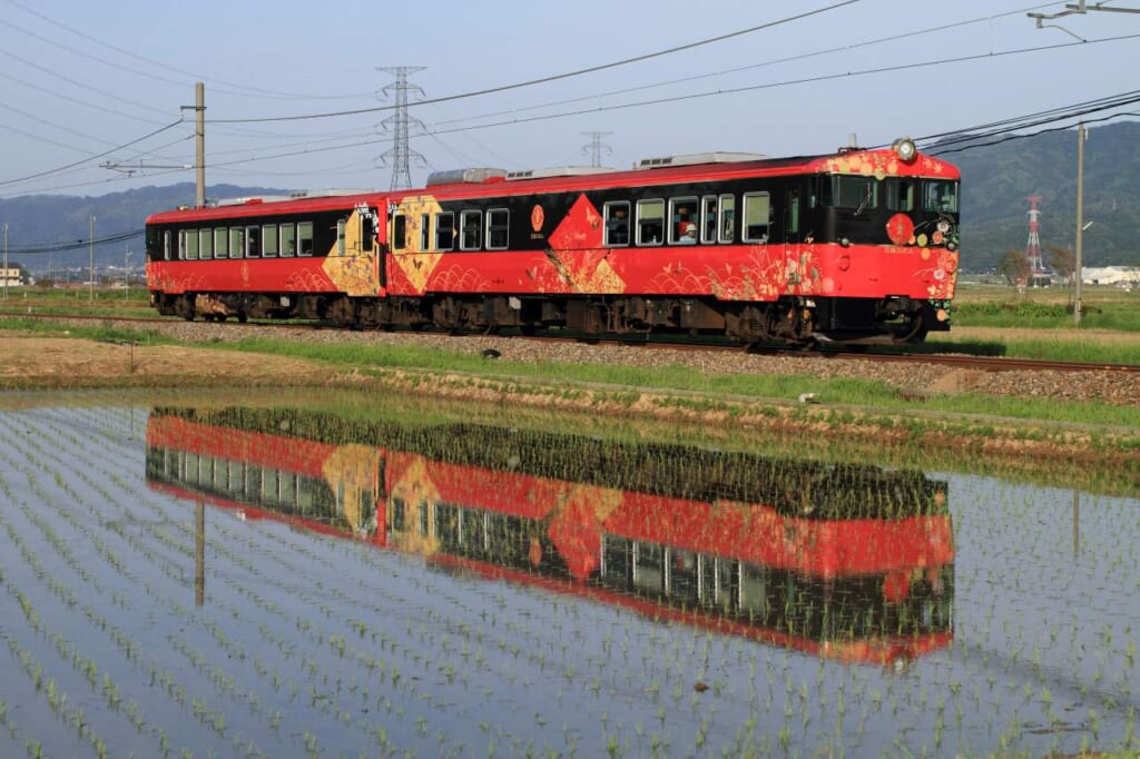 red train in japanese countryside