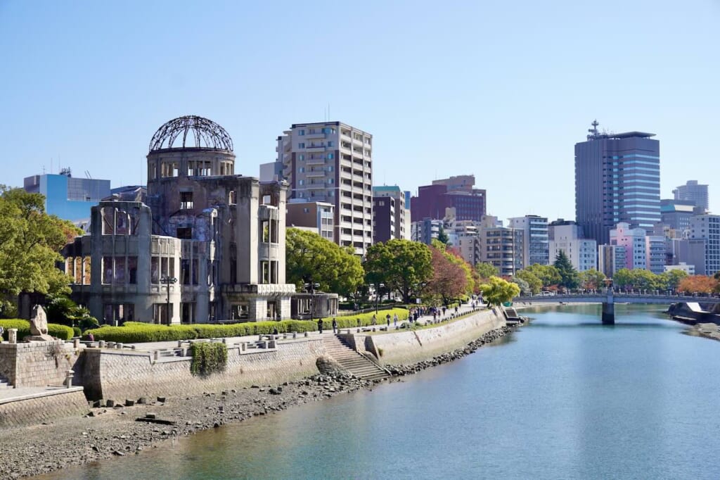 view of Hiroshima's Atomic Bomb Dome on riverside
