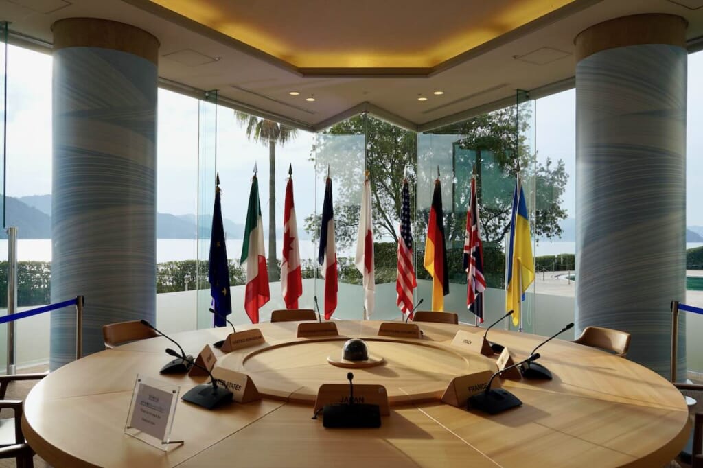 G7 Summit flags and round table at Grand Prince Hotel Hiroshima