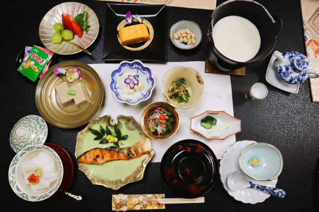 assortment of dishes in traditional Japanese breakfast