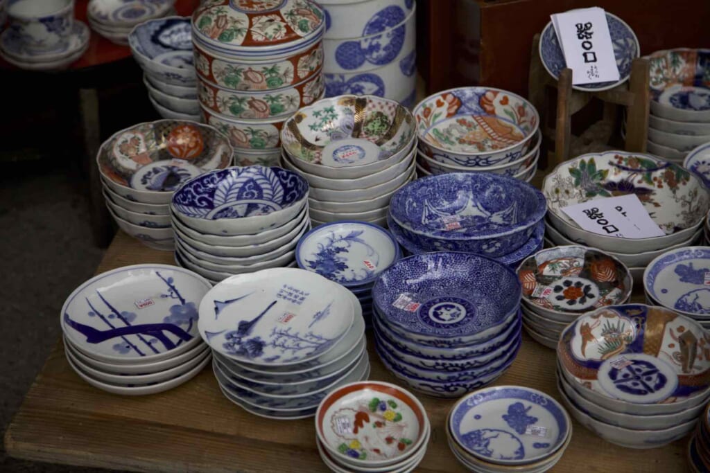 Japanese pottery on sale at a Japanese antique market