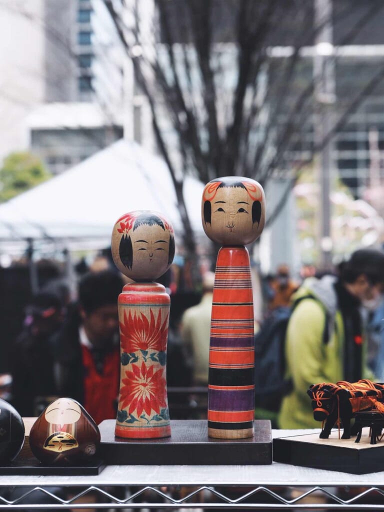 Kokeshi dolls displayed at a flea market in Tokyo
