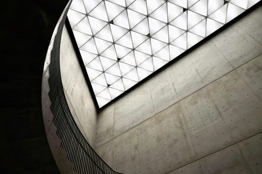 Triangular panels in atrium of Akita Art Museum designed by Tadao Ando