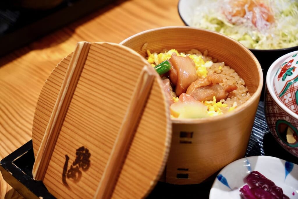 Tori-meshi chicken rice served inside Odate magewappa round bento box