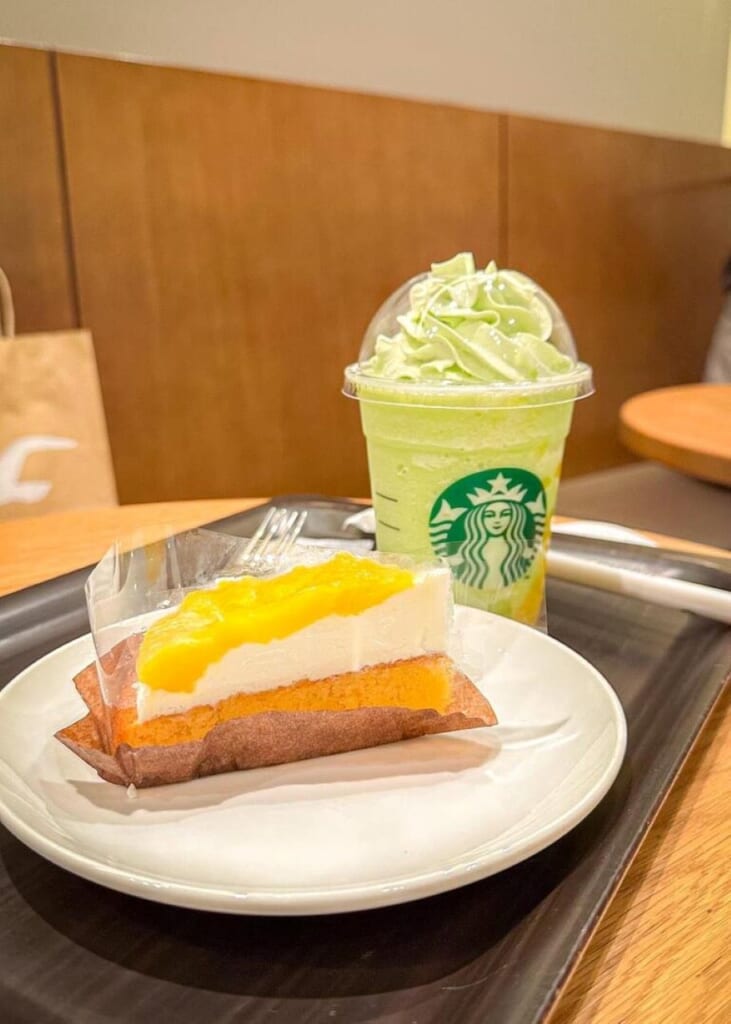 melon frappuccino and mago cake at Starbucks Japan