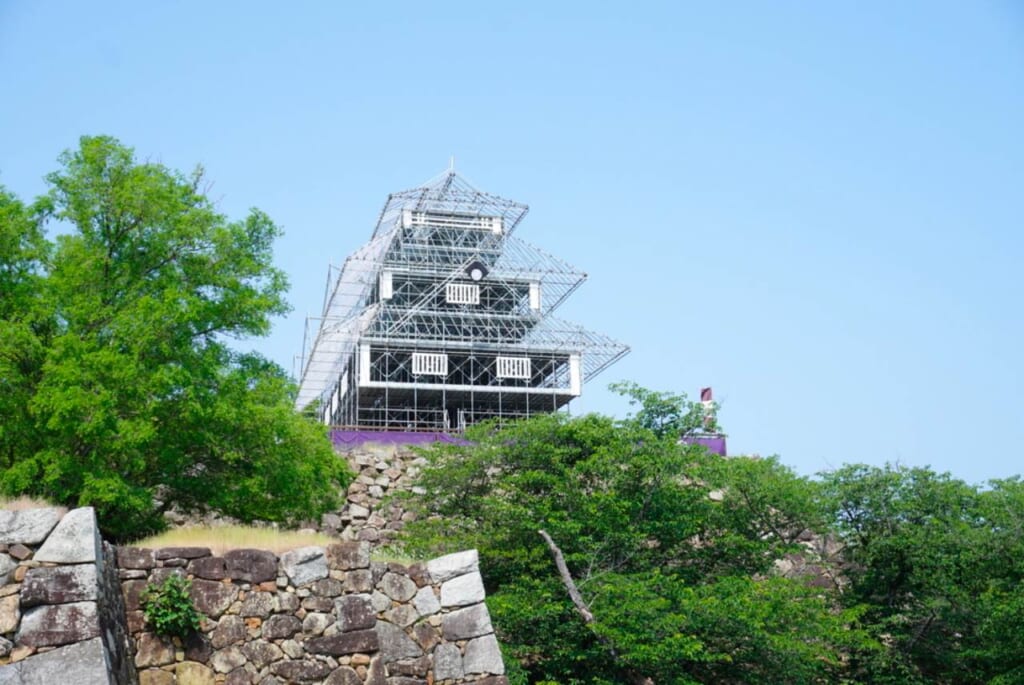 Fukuoka Castle Ruins with illumination scaffolding against a blue sky