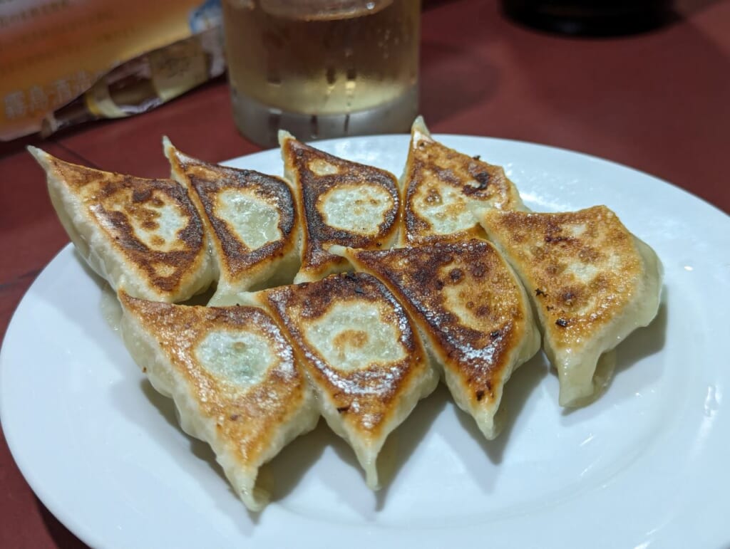 Small bite-sized gyoza on a white plate.