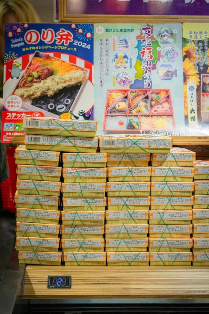 A pile of ekiben in a shop