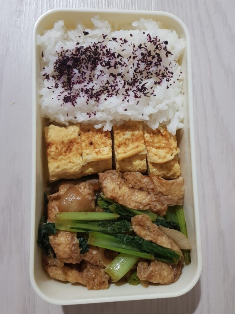 japanese bento with rice, soy meat and komatsuna