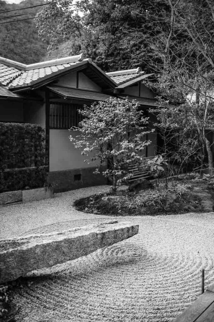 japanese zen rock garden and tea house at Takenaka Carpentry Museum in Kobe Japan