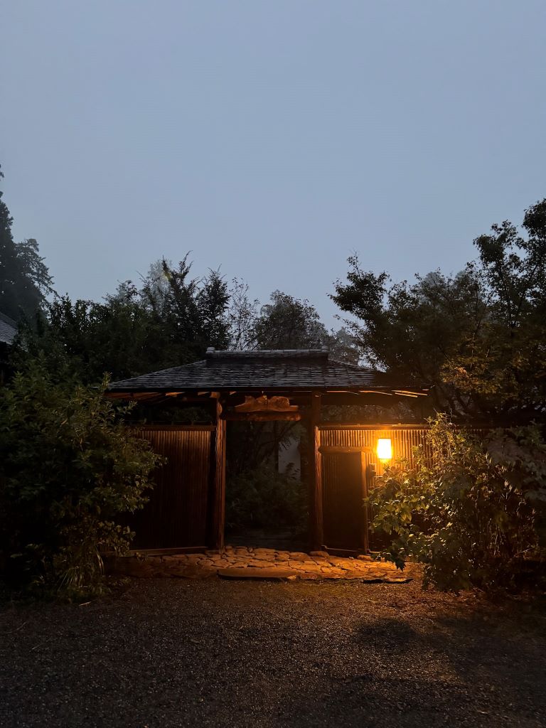 Temple ledging entrance on a rainy evening