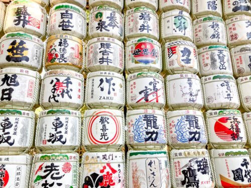 Sake jars in one of the entrances of the Meiji Shrine