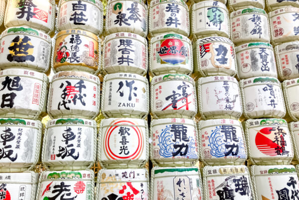 Sake jars in one of the entrances of the Meiji Shrine