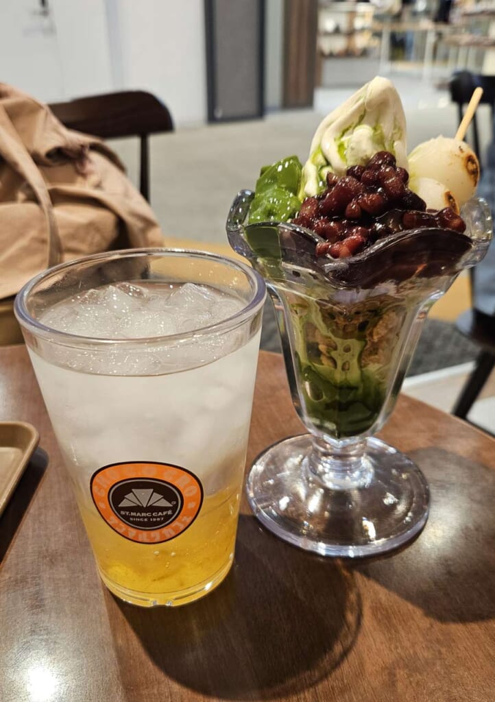 Matcha parfait and yuzu drink